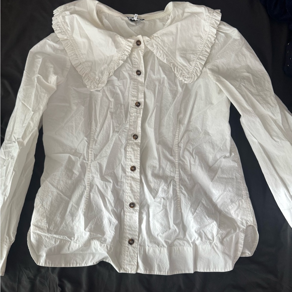 Ganni White Button-Down Shirt with Ruffled Collar